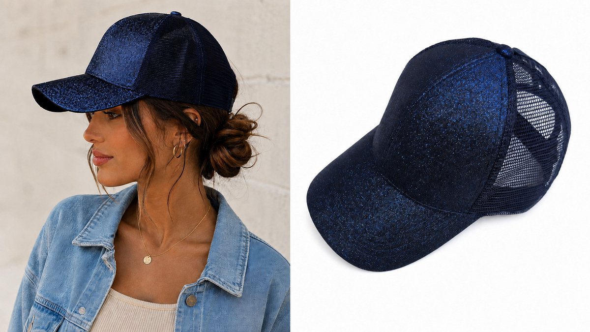 Glitter Dames Paardenstaart Pet Blauw - Verstelbare Baseball Cap - Zomer Pet met Mesh - Zonbescherming
