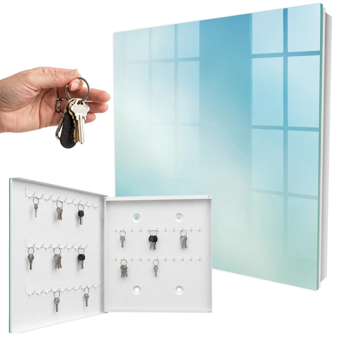 WallMuralia - Sleutelkast - 30x30x5 cm - met 50 haken - Hemelse Droom Sleutelkastje Modern - Blauw Sleutelbox - Linksopenend - Wit interieur