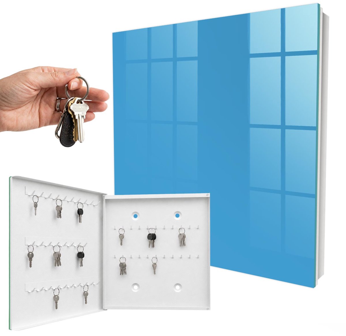 WallMuralia - Sleutelkast - 30x30x5 cm - met 50 haken - Blauw Water Sleutelkastje Muur - Blauw Sleutelbox - Linksopenend - Wit interieur
