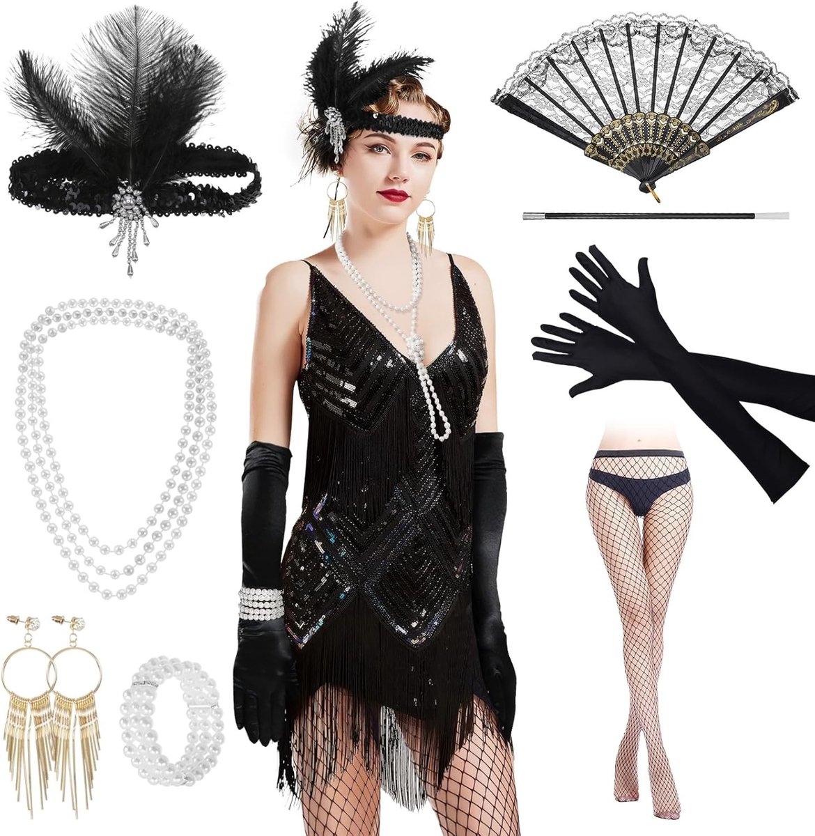 Stijlvolle accessoires voor dames in de jaren '20, perfect voor carnaval en themafeesten, zwart, one size