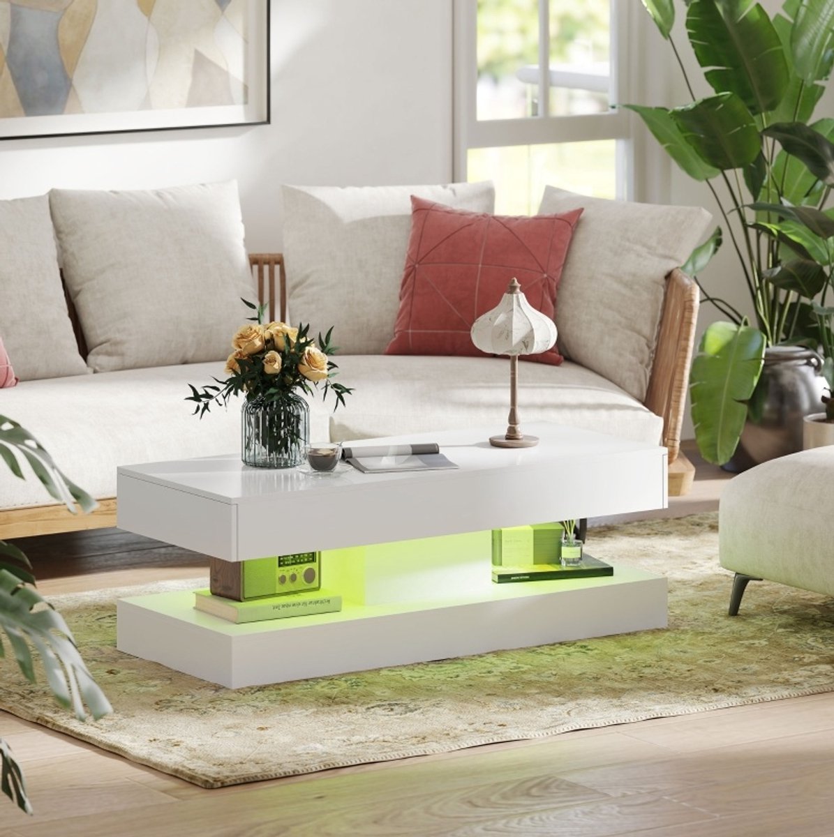 MIVRAY Salontafel Met Ledverlichting En Twee Lades - Modern Hoogglans Wit Design Voor Woonkamer - Spaanplaat - 120x50x42 Cm