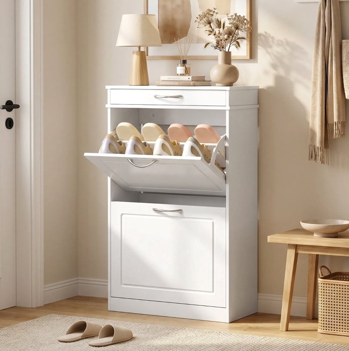MIVRAY Schoenenkast - 2 Klappen Met Lade En Verstelbare Verdeler - Voor Smalle Hal En Woonkamer - Hout - Wit - 53 X 26,5 X 89 Cm
