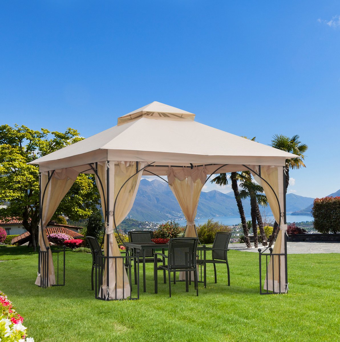 Partytent Paviljoen 295 x 295 x 275 cm Dubbeldak Polyester Beige Zwart Met Muggengaas Voor Tuin Feesten