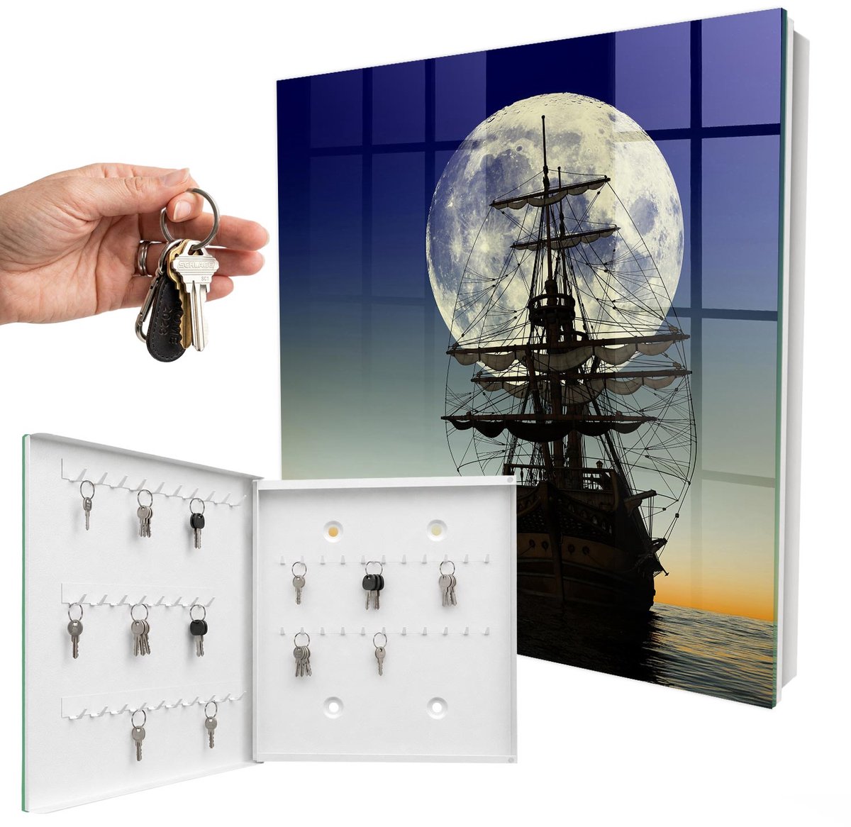 WallMuralia - Sleutelkast - 30x30x5 cm - met 50 haken - Nachtzeiltochten Design Sleutelkastje - Marine Sleutelbox - Linksopenend - Wit interieur