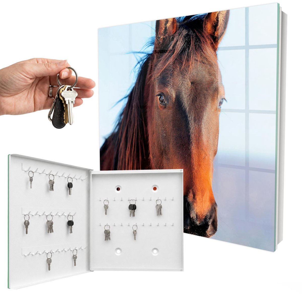 WallMuralia - Sleutelkast - 30x30x5 cm - met 50 haken - Portret Van Een Paard Sleutelkastje Hal - Bruin Sleutelbox - Linksopenend - Wit interieur