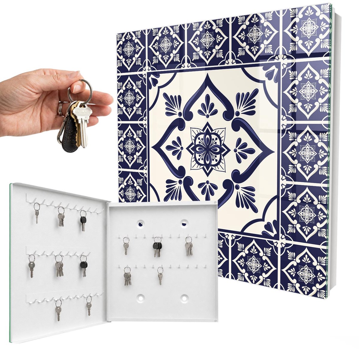 WallMuralia - Sleutelkast - 30x30x5 cm - met 50 haken - Klassieke Elegantie Sleutelkastje Gang - Marine Sleutelbox - Linksopenend - Wit interieur