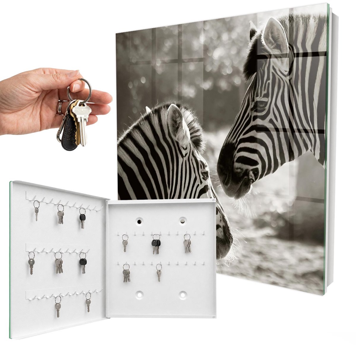 WallMuralia - Sleutelkast - 30x30x5 cm - met 50 haken - Zebra'S Samen Sleutelkastje Klein - Zwart-Wit Sleutelbox - Linksopenend - Wit interieur