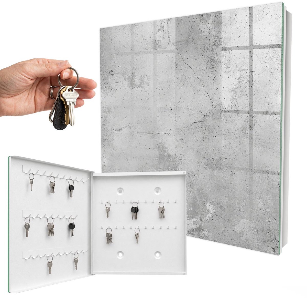 WallMuralia - Sleutelkast - 30x30x5 cm - met 50 haken - Rauwe Elegantie Sleutelkastje Muur - Grijs Sleutelbox - Linksopenend - Wit interieur