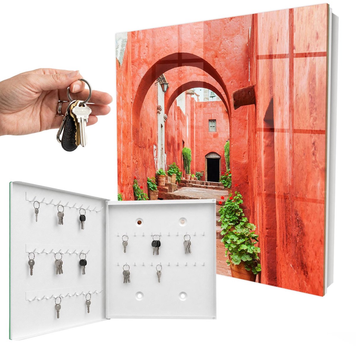 WallMuralia - Sleutelkast - 30x30x5 cm - met 50 haken - Rode Straat Sleutelkastje Landelijk - Rood Sleutelbox - Linksopenend - Wit interieur