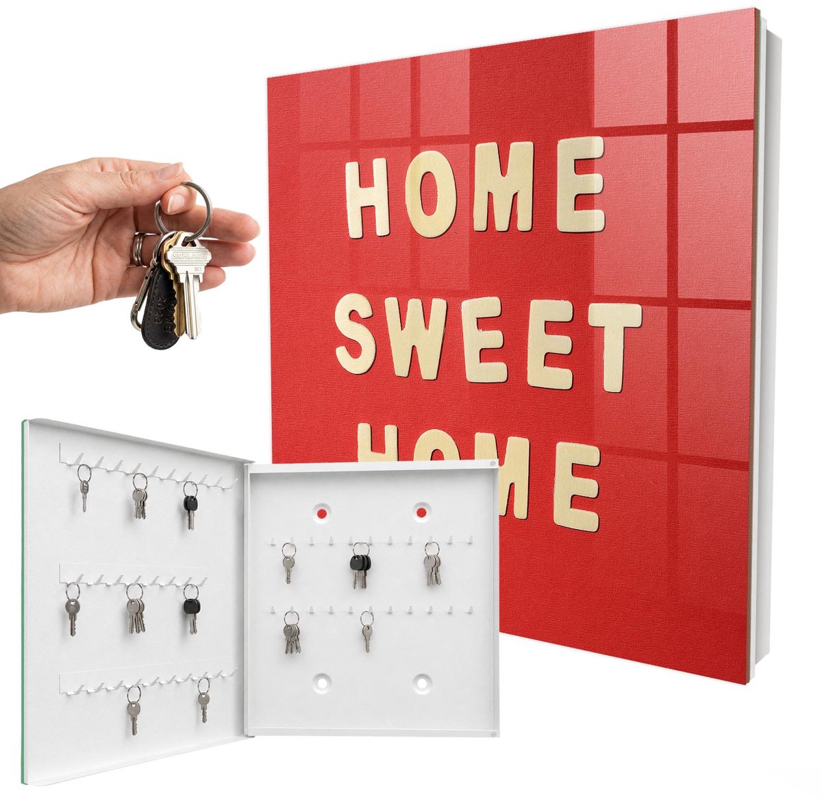WallMuralia - Sleutelkast - 30x30x5 cm - met 50 haken - De Inscriptie Home Sweet Home Leuk Sleutelkastje - Rood Sleutelbox - Linksopenend - Wit interieur