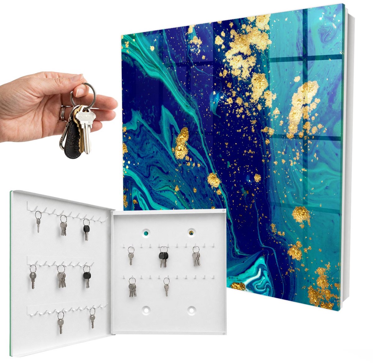 WallMuralia - Sleutelkast - 30x30x5 cm - met 50 haken - Kleurrijke Abstractie Sleutelkastje Gang - Blauw Sleutelbox - Linksopenend - Wit interieur