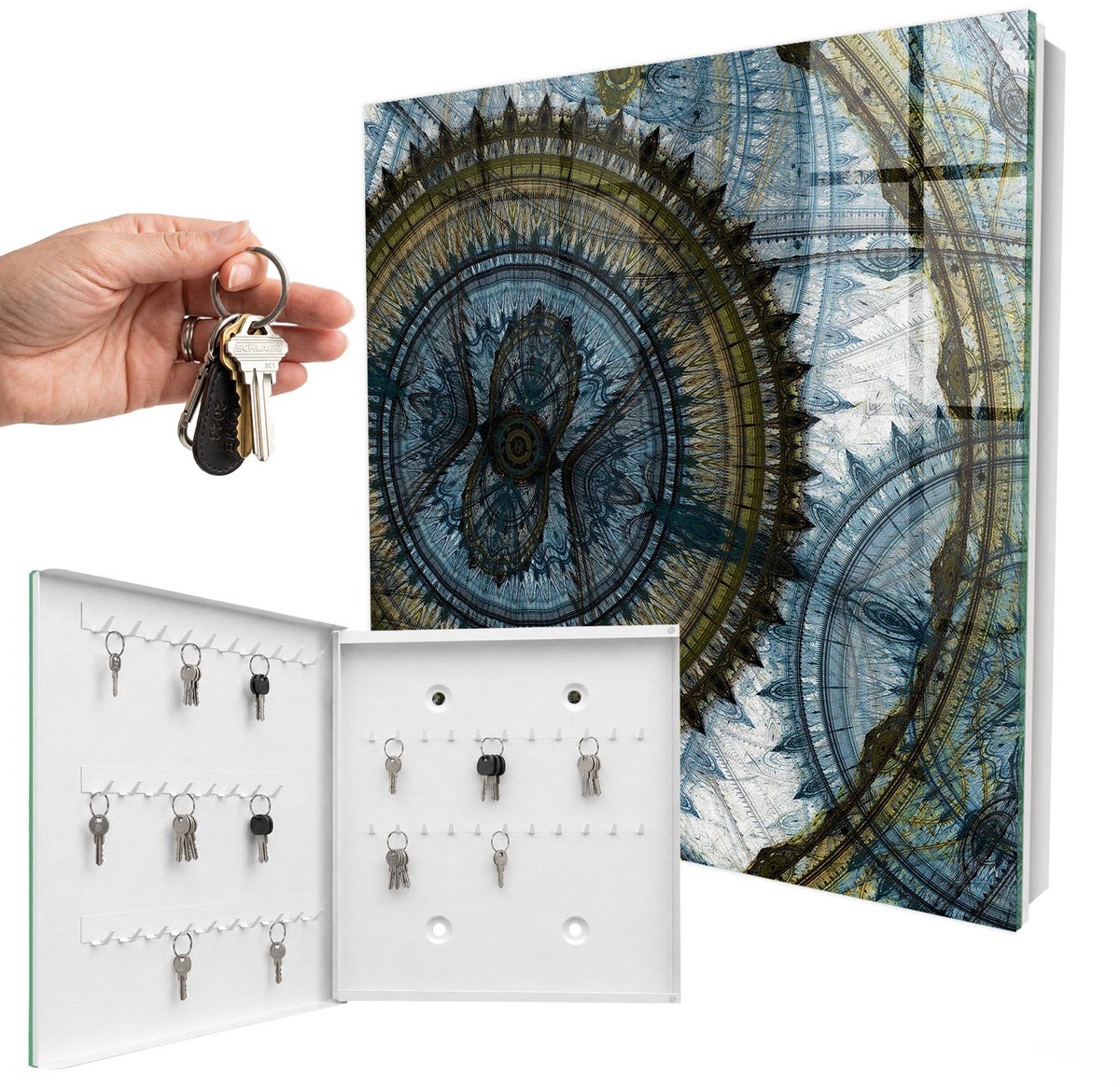 WallMuralia - Sleutelkast - 30x30x5 cm - met 50 haken - Geometrische Mandala Sleutelkastje Modern - Blauw Sleutelbox - Linksopenend - Wit interieur