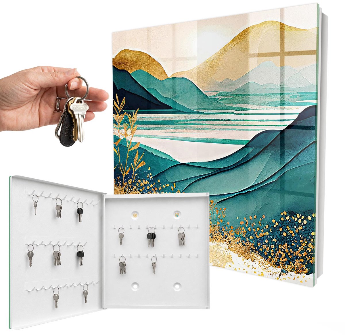 WallMuralia - Sleutelkast - 30x30x5 cm - met 50 haken - Turkooizen Bergen Sleutelkastje Binnen - Turkoois Sleutelbox - Linksopenend - Wit interieur