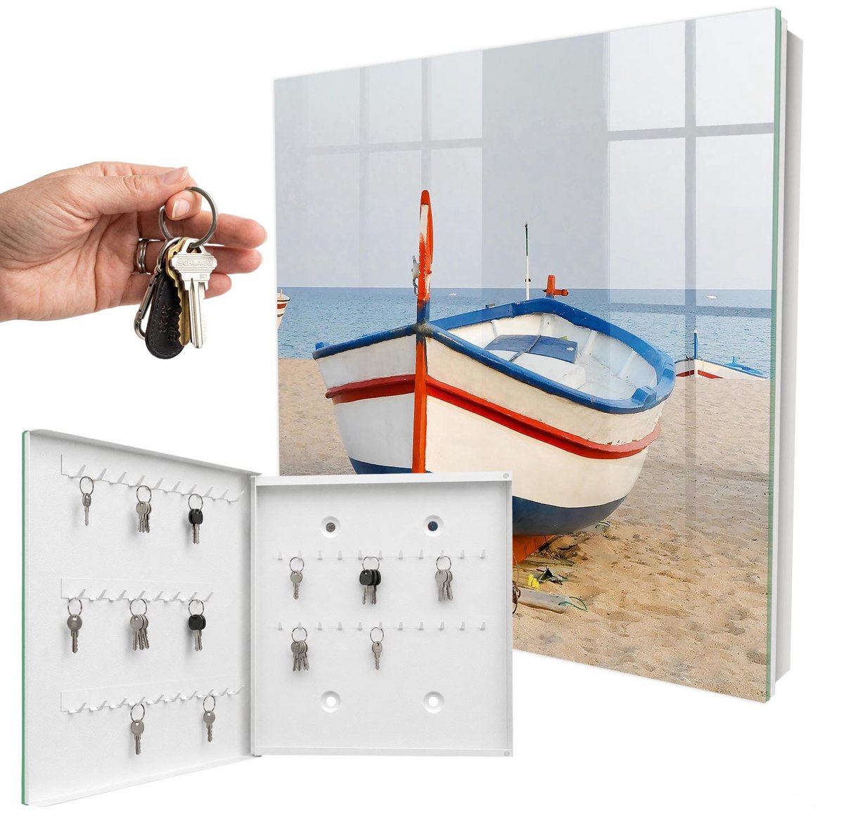 WallMuralia - Sleutelkast - 30x30x5 cm - met 50 haken - Zomercruise Sleutelkastje Design - Geel Sleutelbox - Linksopenend - Wit interieur
