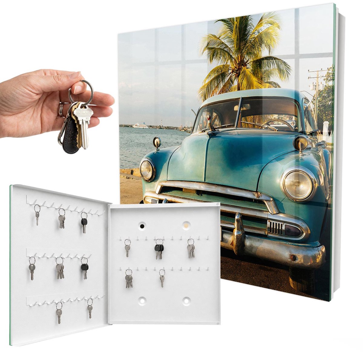 WallMuralia - Sleutelkast - 30x30x5 cm - met 50 haken - Retro Auto Sleutelkastje Klein - Blauw Sleutelbox - Linksopenend - Wit interieur