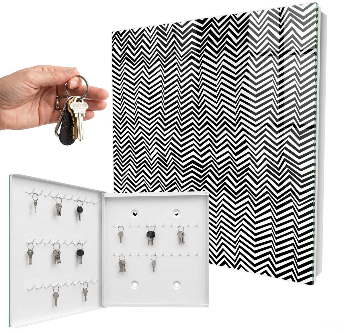 WallMuralia - Sleutelkast - 30x30x5 cm - met 50 haken - Zigzags Dynamisch Leuk Sleutelkastje - Zwart-Wit Sleutelbox - Linksopenend - Wit interieur