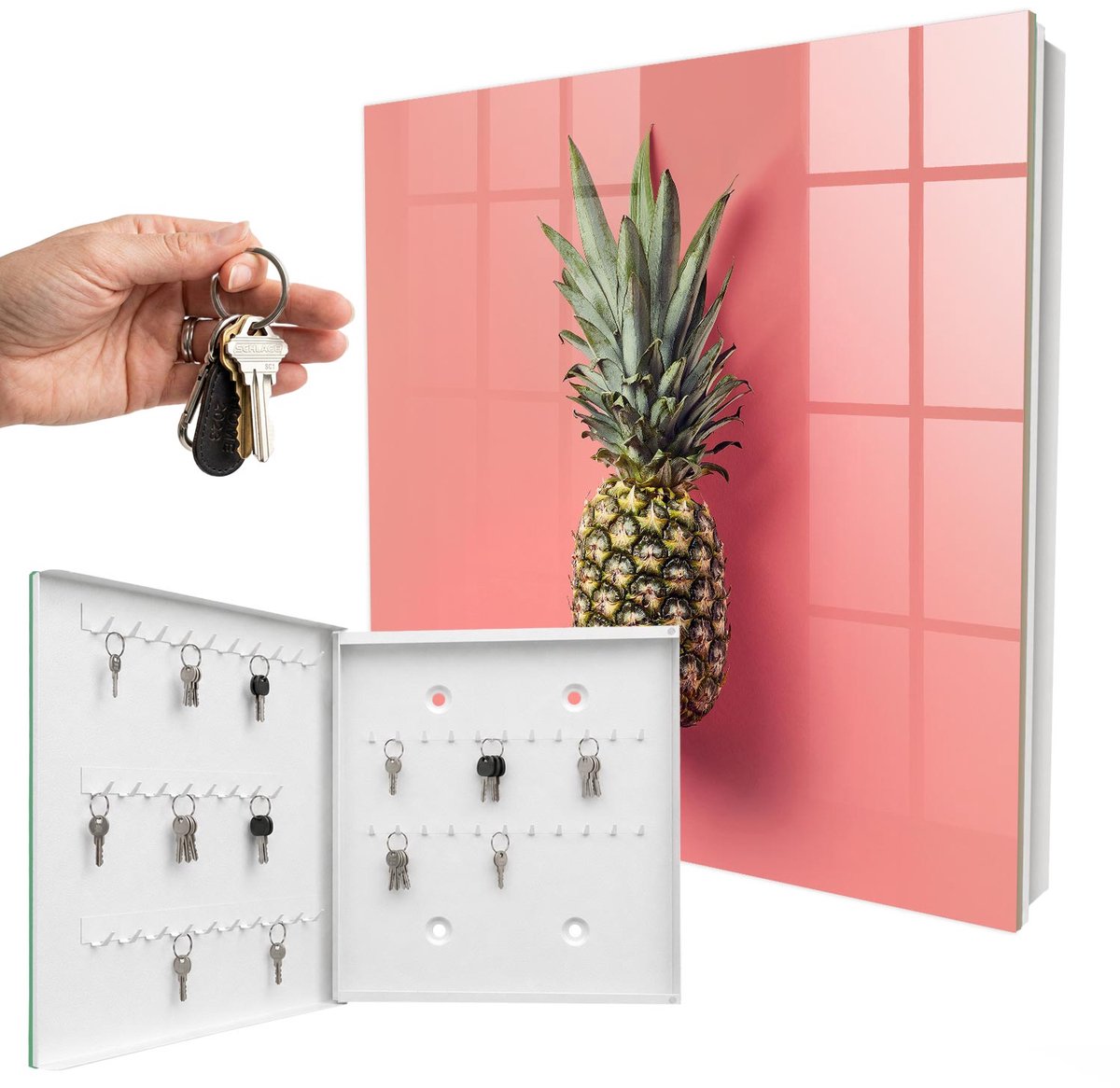 WallMuralia - Sleutelkast - 30x30x5 cm - met 50 haken - Exotische Ananas Sleutelkastje Muur - Roze Sleutelbox - Linksopenend - Wit interieur