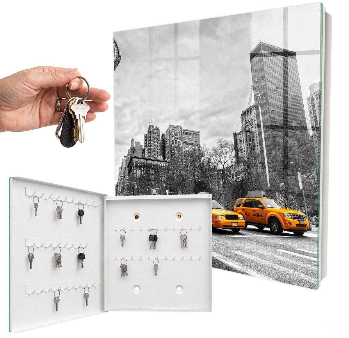 WallMuralia - Sleutelkast - 30x30x5 cm - met 50 haken - Stedelijke Energie Groot Sleutelkastje - Grijs Sleutelbox - Linksopenend - Wit interieur