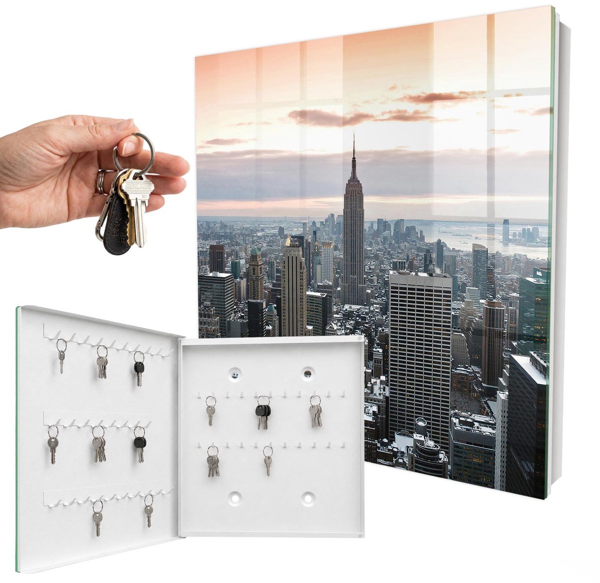 WallMuralia - Sleutelkast - 30x30x5 cm - met 50 haken - Stadspanorama Sleutelkastje Hal - Grijs Sleutelbox - Linksopenend - Wit interieur