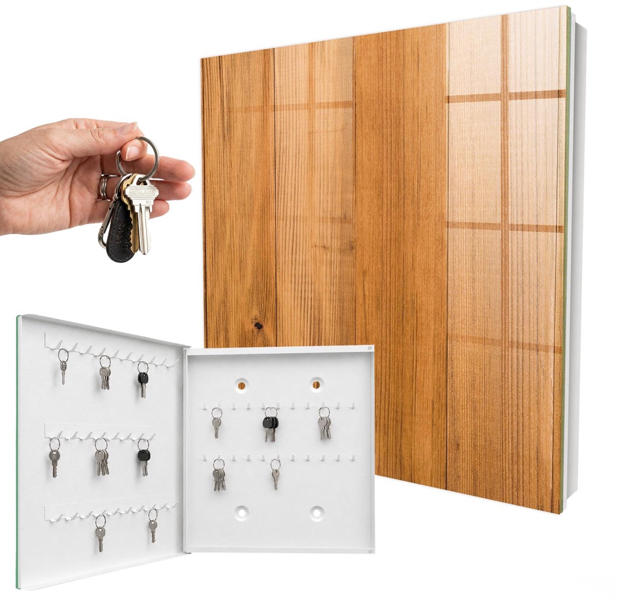 WallMuralia - Sleutelkast - 30x30x5 cm - met 50 haken - Houtstructuur Sleutelkastje Industrieel - Bruin Sleutelbox - Linksopenend - Wit interieur