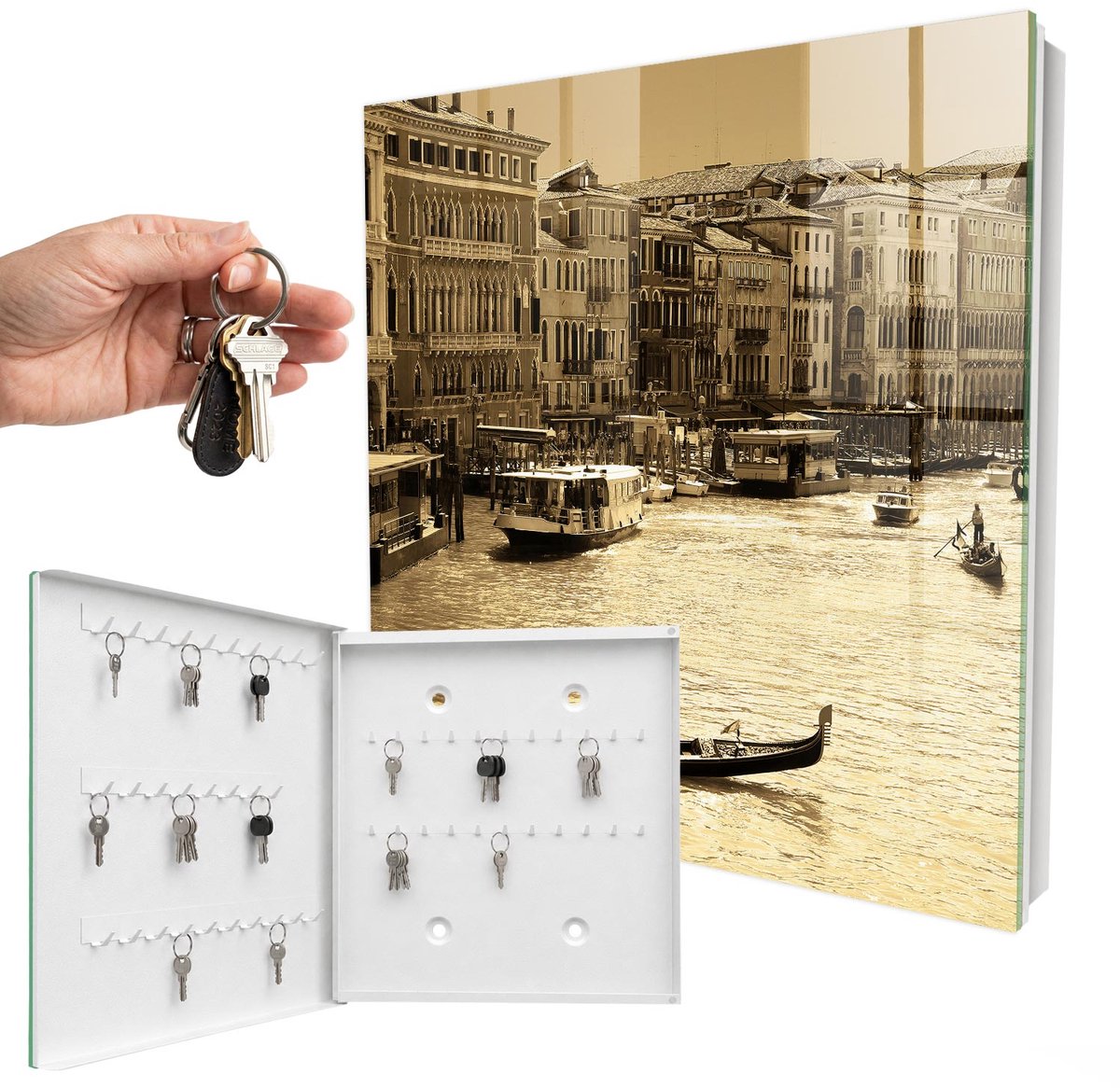 WallMuralia - Sleutelkast - 30x30x5 cm - met 50 haken - Stedelijke Charme Sleutelkastje Industrieel - Geel Sleutelbox - Linksopenend - Wit interieur