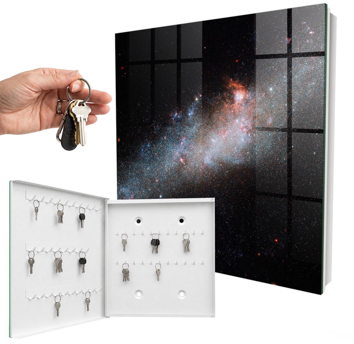 WallMuralia - Sleutelkast - 30x30x5 cm - met 50 haken - Galactisch Mysterie Sleutelkastje Gang - Zwart Sleutelbox - Linksopenend - Wit interieur