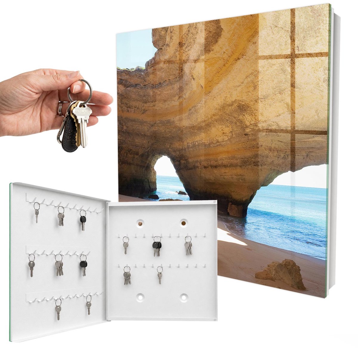 WallMuralia - Sleutelkast - 30x30x5 cm - met 50 haken - Zeegrot Leuk Sleutelkastje - Beige Sleutelbox - Linksopenend - Wit interieur