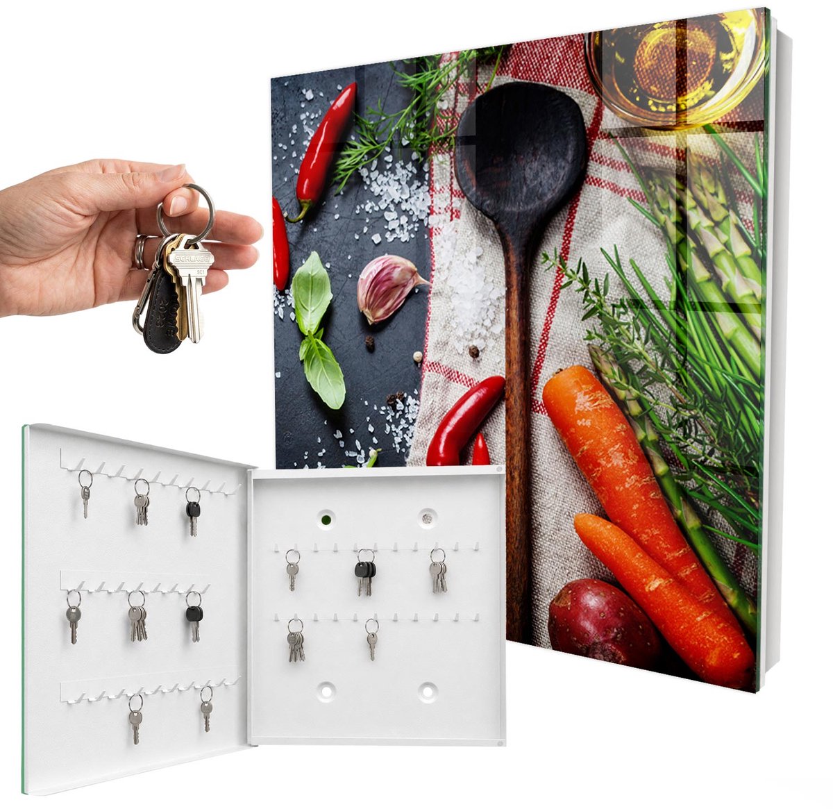 WallMuralia - Sleutelkast - 30x30x5 cm - met 50 haken - Keukeninspiratie Sleutelkastje Klein - Zwart Sleutelbox - Linksopenend - Wit interieur