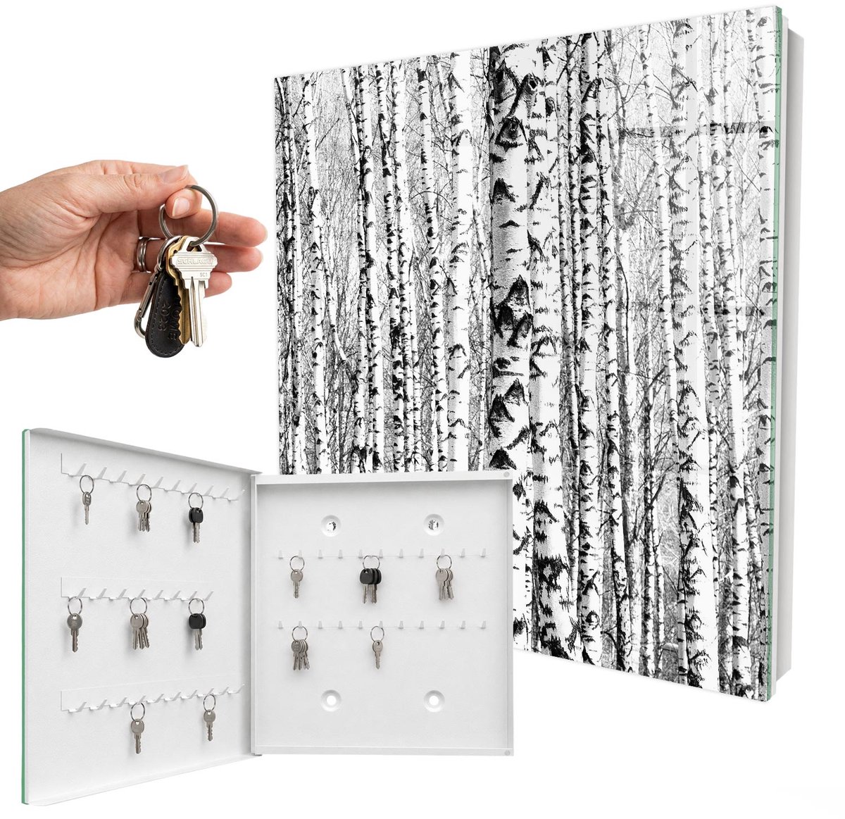 WallMuralia - Sleutelkast - 30x30x5 cm - met 50 haken - Berkenbos Sleutelkastje Landelijk - Wit Sleutelbox - Linksopenend - Wit interieur