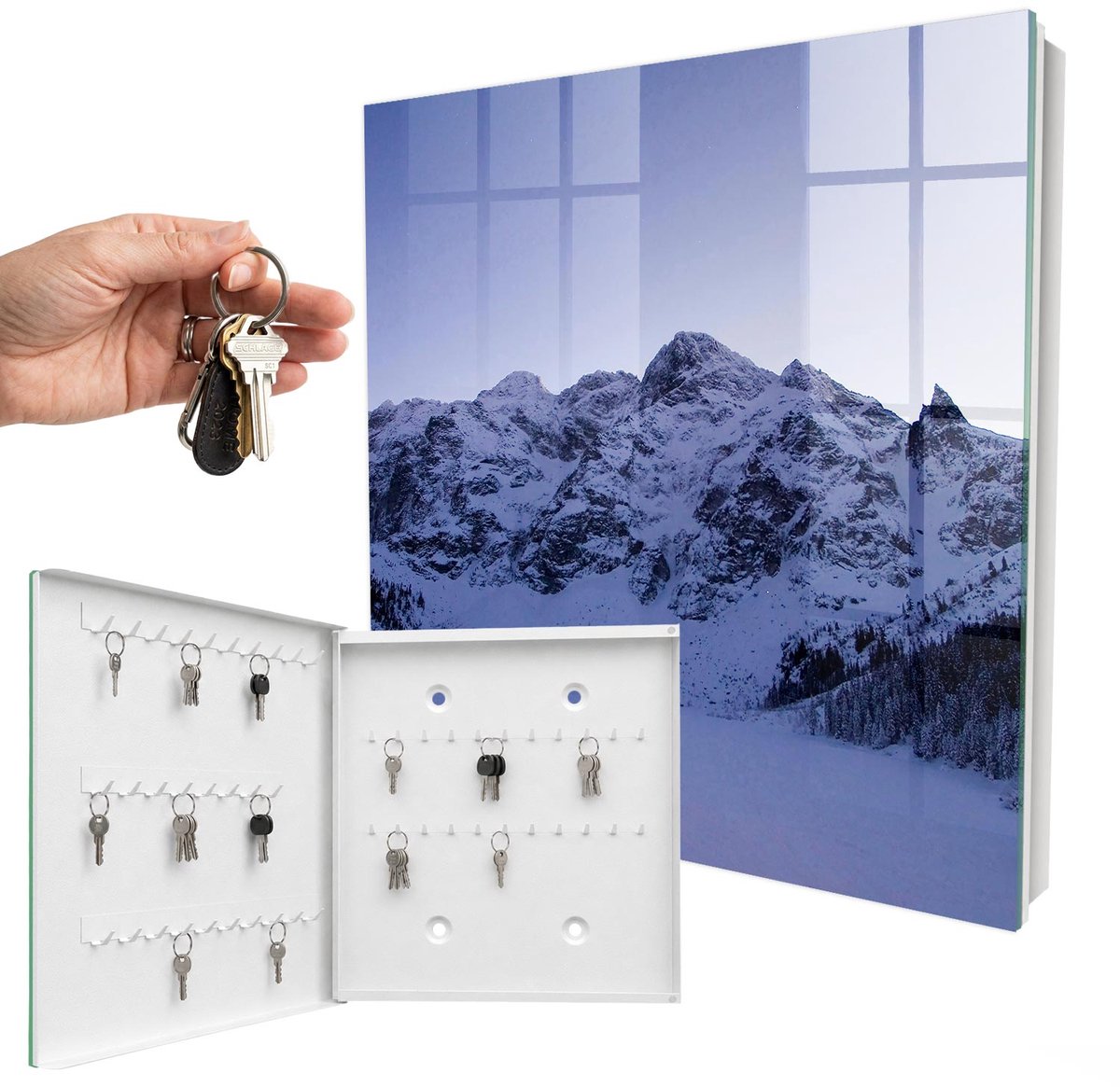 WallMuralia - Sleutelkast - 30x30x5 cm - met 50 haken - Winterse Majesteit Leuk Sleutelkastje - Wit Sleutelbox - Linksopenend - Wit interieur