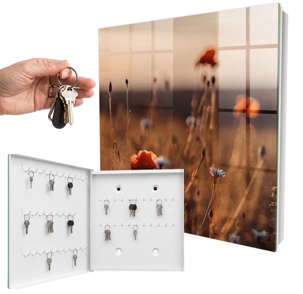 WallMuralia - Sleutelkast - 30x30x5 cm - met 50 haken - Klaprozenvelden Design Sleutelkastje - Bruin Sleutelbox - Linksopenend - Wit interieur