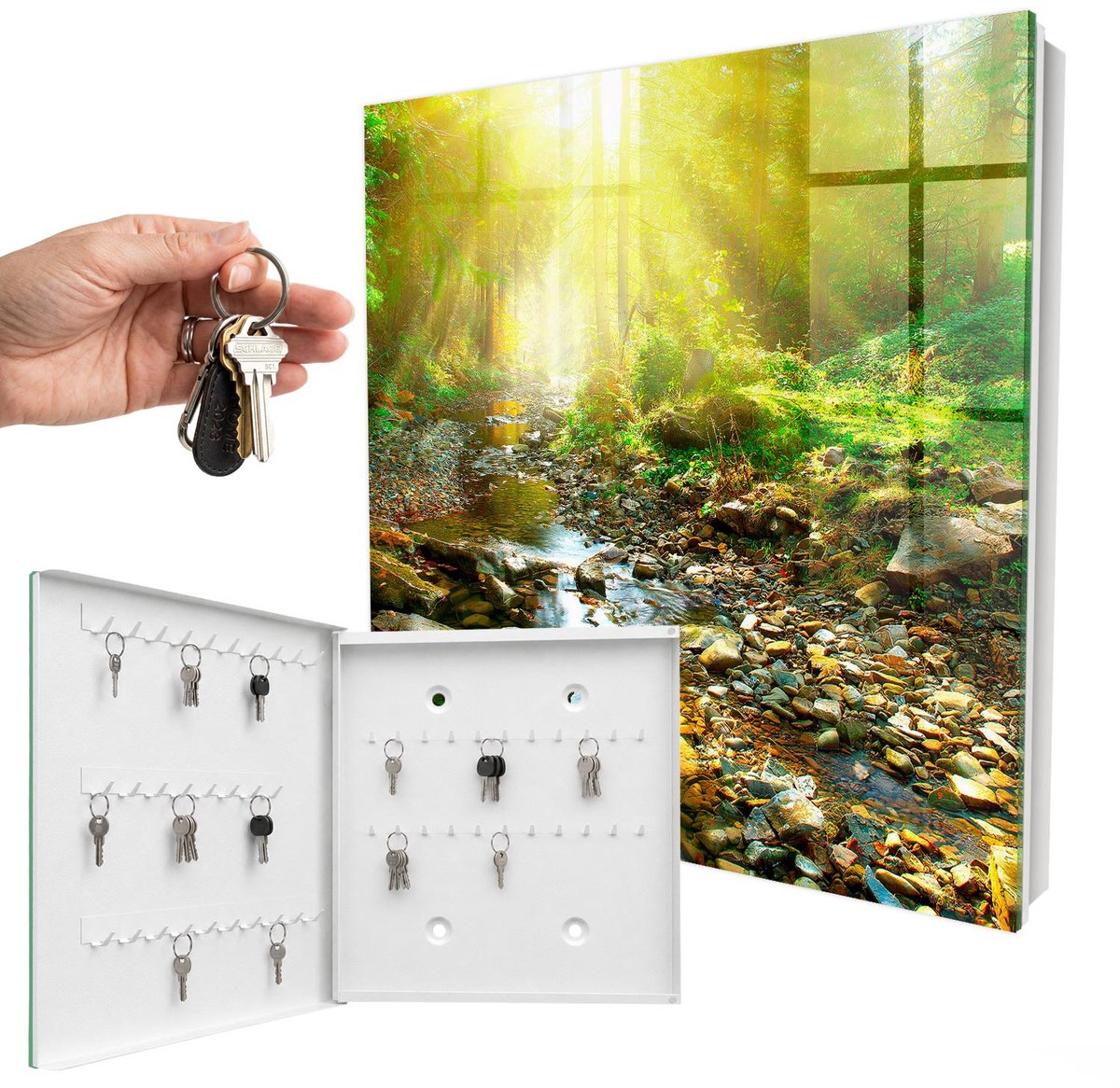 WallMuralia - Sleutelkast - 30x30x5 cm - met 50 haken - Bosbeek Sleutelkastje Huis - Groente Sleutelbox - Linksopenend - Wit interieur