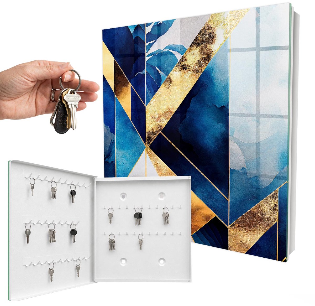 WallMuralia - Sleutelkast - 30x30x5 cm - met 50 haken - Blauwe Elegantie Sleutelkastje Klein - Blauw Sleutelbox - Linksopenend - Wit interieur
