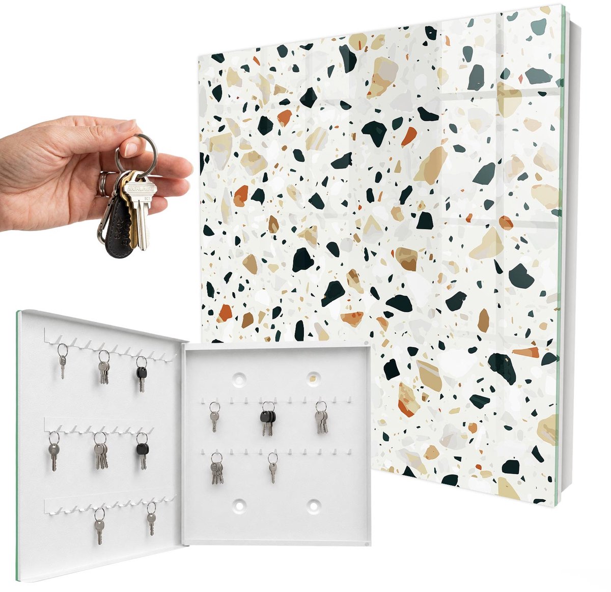 WallMuralia - Sleutelkast - 30x30x5 cm - met 50 haken - Terrazzo-Patroon Sleutelkastje Klein - Grijs Sleutelbox - Linksopenend - Wit interieur