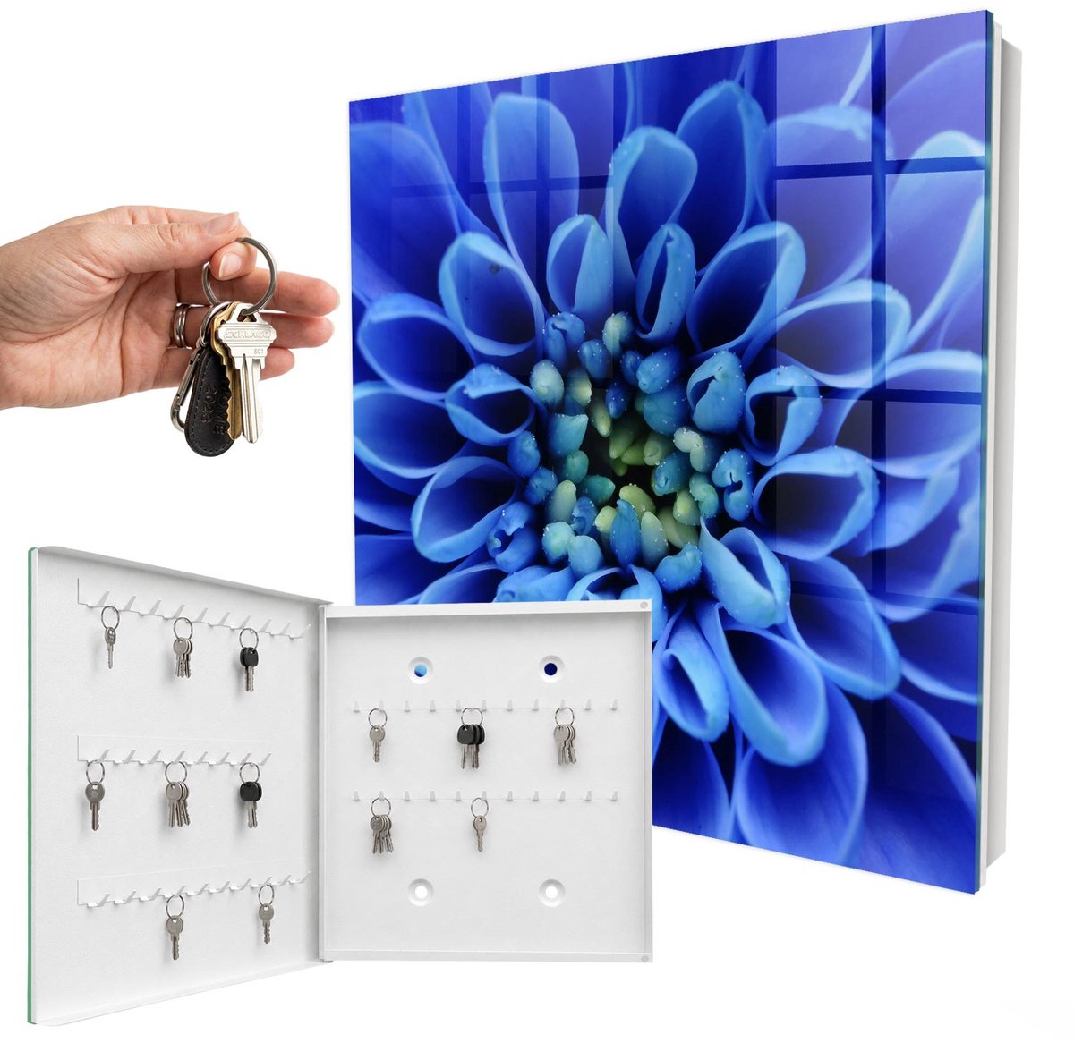 WallMuralia - Sleutelkast - 30x30x5 cm - met 50 haken - Blauwe Bloem Sleutelkastje Modern - Blauw Sleutelbox - Linksopenend - Wit interieur