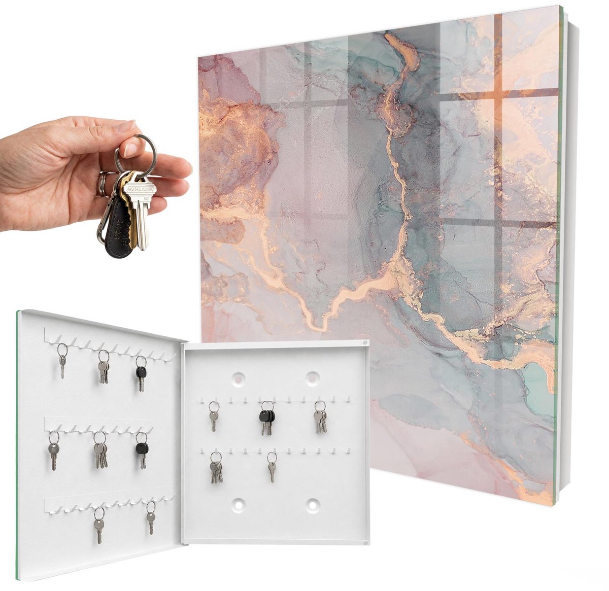 WallMuralia - Sleutelkast - 30x30x5 cm - met 50 haken - Subtiele Elegantie Sleutelkastje Modern - Roze Sleutelbox - Linksopenend - Wit interieur