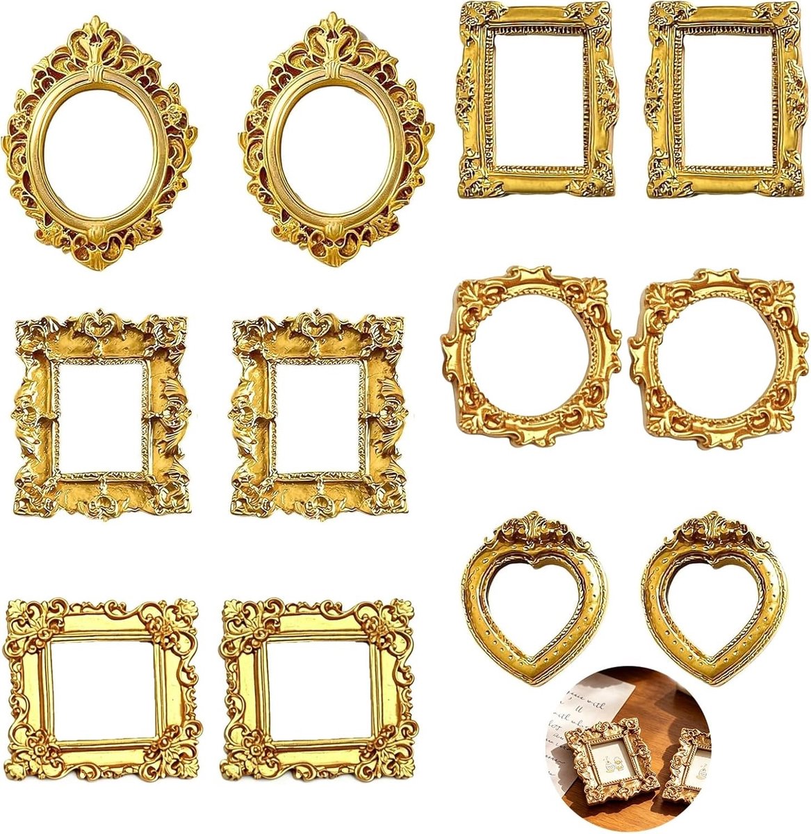 Set van 12 mini fotolijsten in vintage stijl, goudkleurige barok fotolijstjes voor knutselen, DIY wanddecoratie en antieke decoratie accessoires in diverse vormen