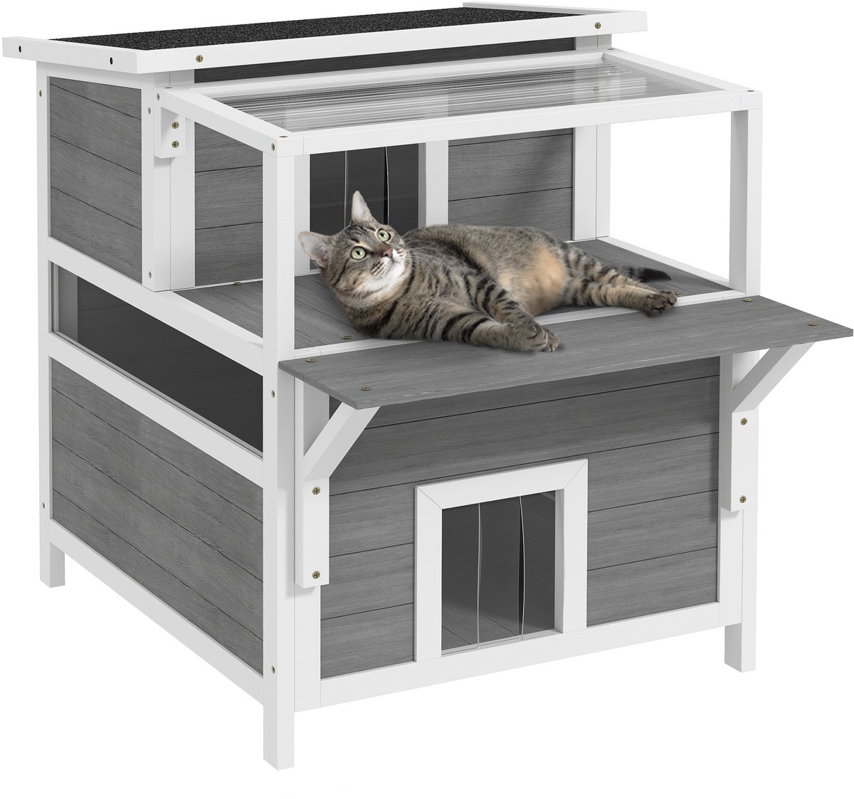 Kattenhuis - Voor buiten - Hok - Kooi - Bench - Ren - 2 verdiepingen - duurzaam - Lichtgrijs / Wit
