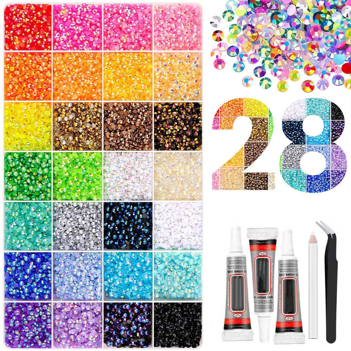 TEKROA® Strasssteentjes - Nail Art Kit - 30.000 platte - verpakt in 24 vakjes - plus 3 flesjes lijm - geschikt voor nail art - knutselprojecten en kleding maken - 28 kleuren