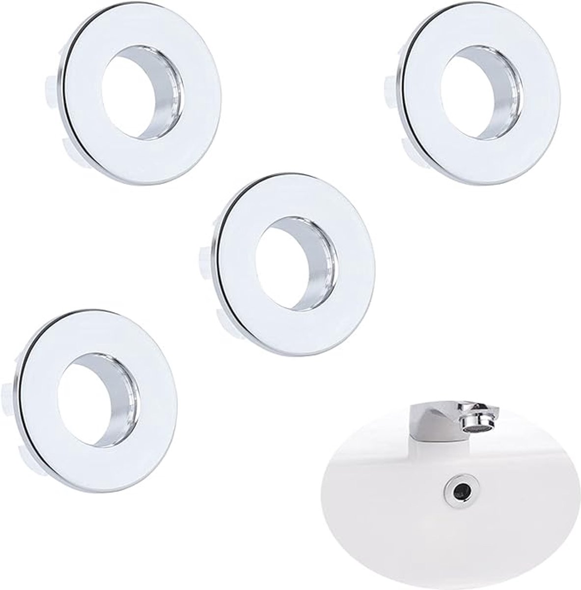 Spoelbak Overloop ring - Gootsteen Overloop Cover - Overloopstopring - Ring Overloop - Ideaal voor Thuisgebruik - Holle Ring Ontwerp - voor Badkamer Aanrecht Wassen IJdelheid Wastafel - 4 stuks - Zilver