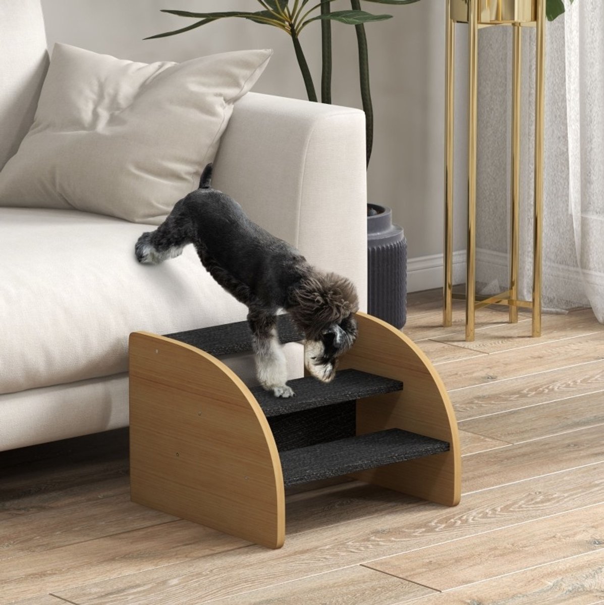 REDOM - Huisdiertrap - 3 treden - Antislip voetpads - Meubelstijl - Voor bank en bed - Hout en stof - 38,5 x 38,5 x 30 cm