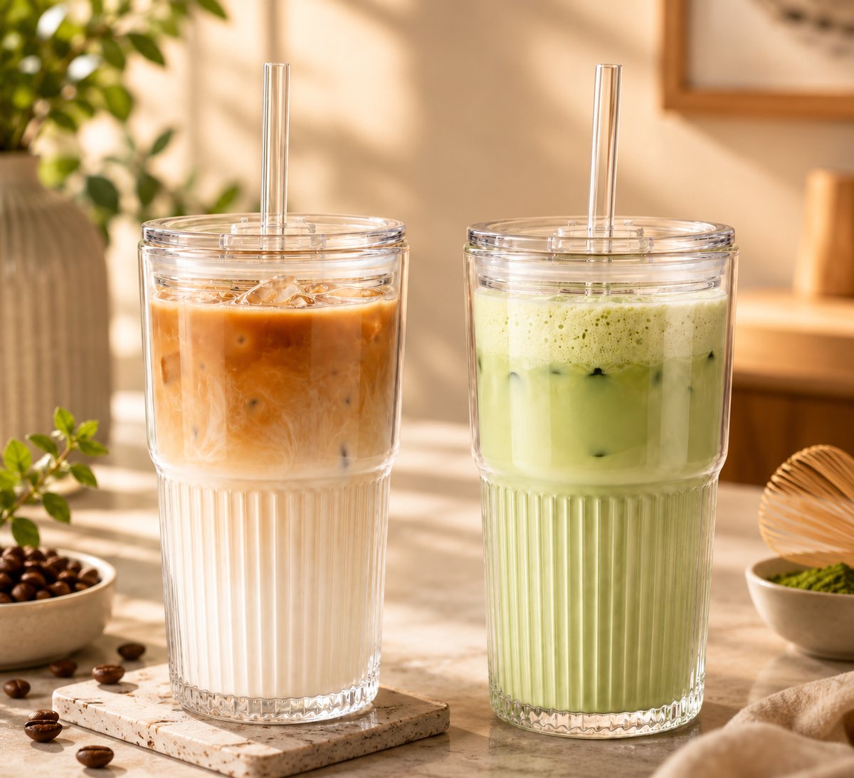 Set van 2 gegroefde glazen drinkbekers 450 ml met deksel en rietje - voor ijskoffie, long drink, smoothie - lucht- en waterdicht - ideaal voor koffie