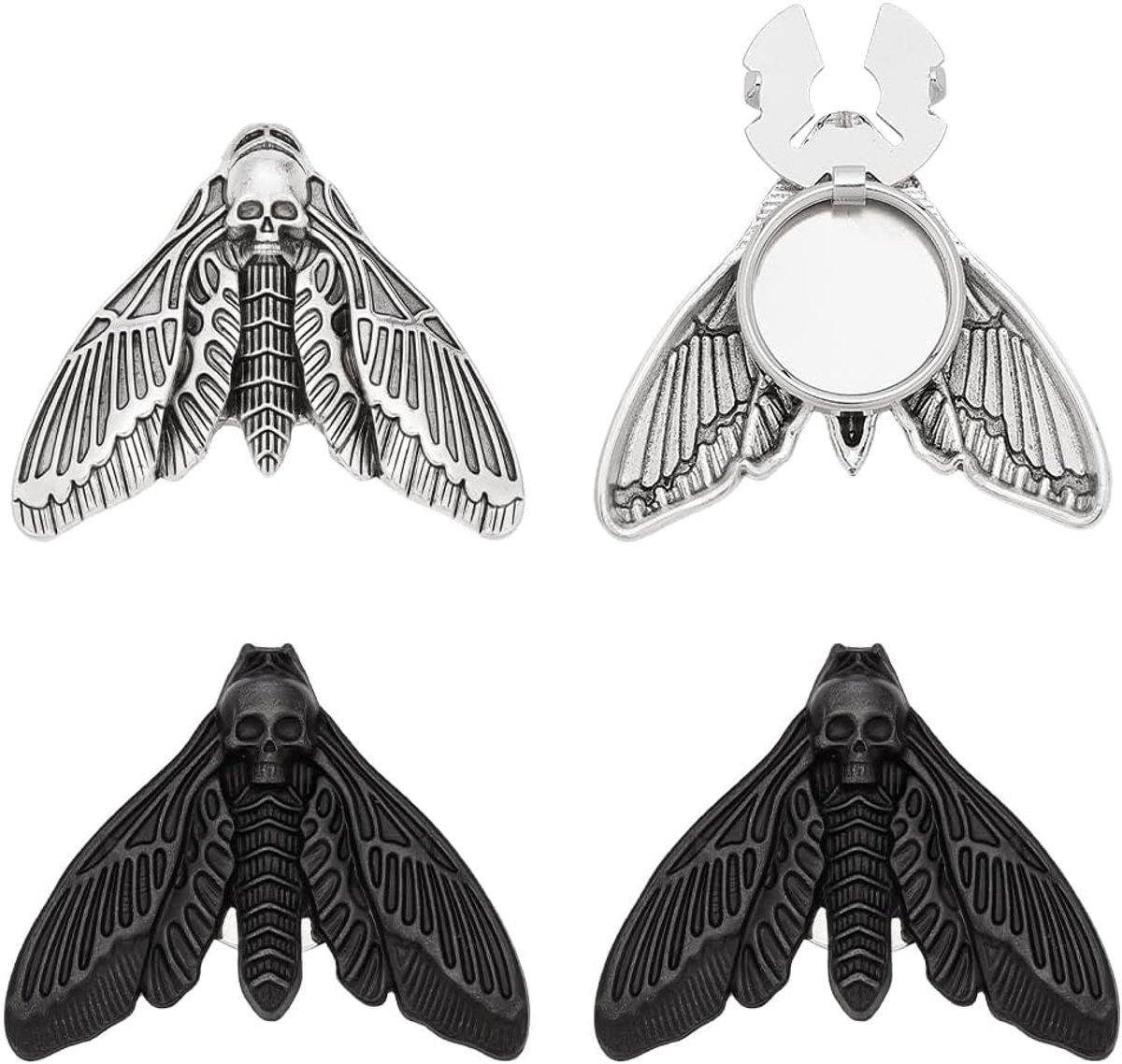 PandaHall 4 stuks 2 kleuren mottenschedel knoopafdekkingen vintage insecten manchetknopen doodskop afneembare knoopclips gothic skelet motten knoopafdekking voor Halloween kleding jeans overhemd