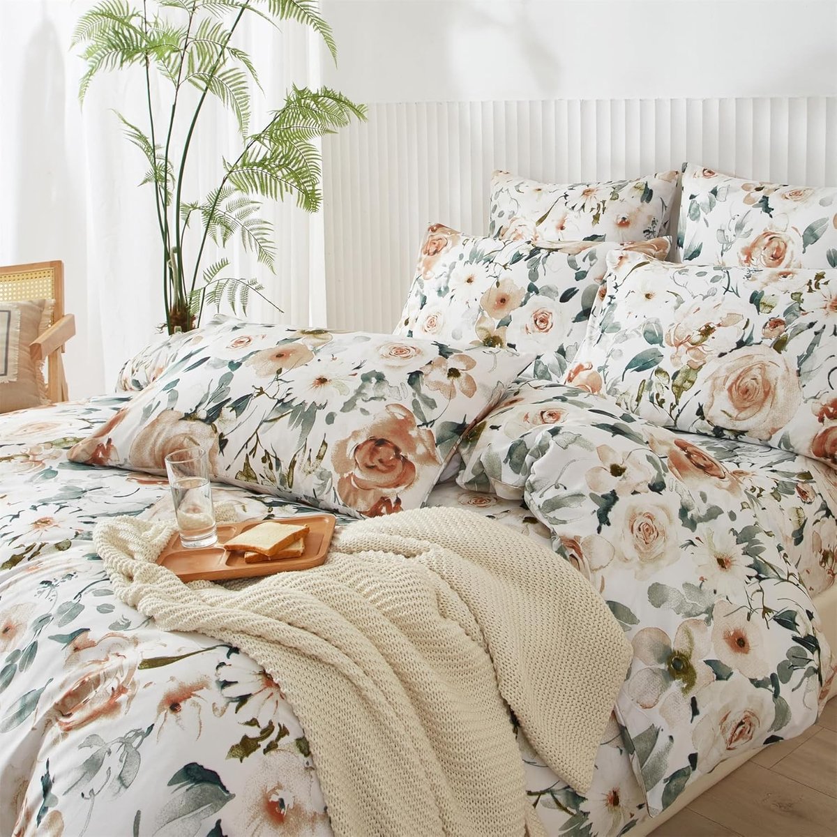 Luxe dekbedovertrekset met bloemenpatroon in roze, groen en wit - 200 x 200 cm, 3-delig, zacht microvezel met rits en 2 kussenslopen van 80 x 80 cm