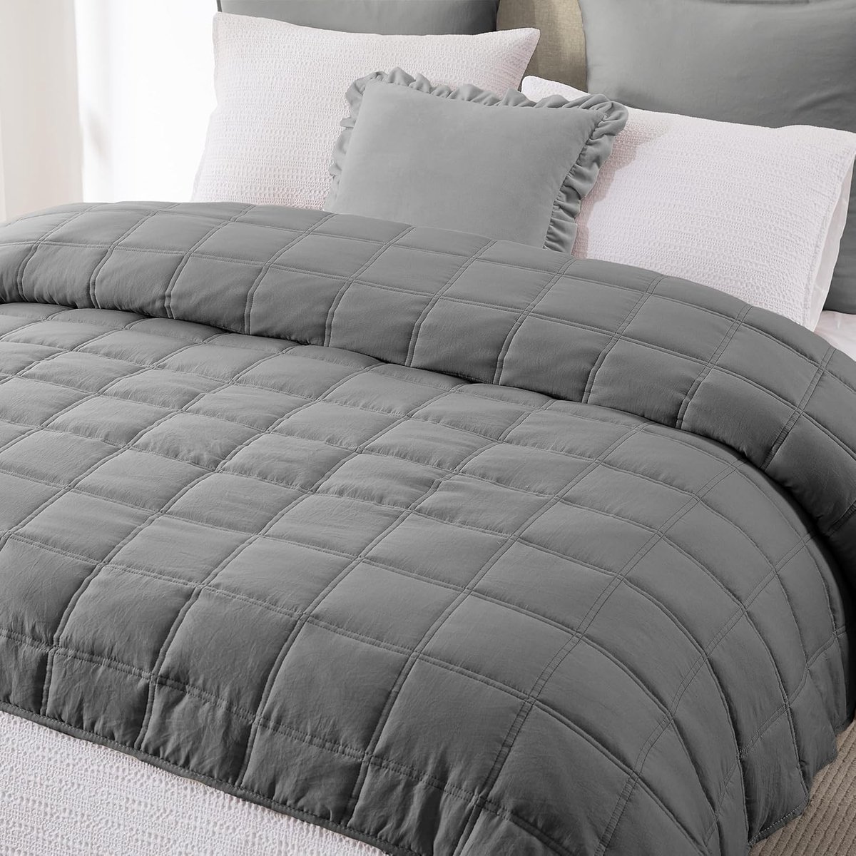 Dubbel Beddeken 300x270cm, Grijze Beddeken met Ruitpatroon, Zachte Gequilte Bedcover voor Bed en Bank, Perfect voor Lente en Zomer