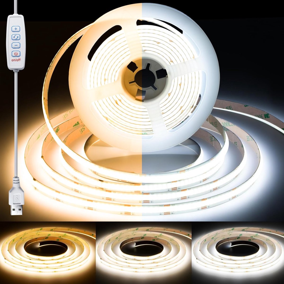 5 V USB CCT COB led strip, 2 m dimbare ledstrip, CRI93+ ledstrip, verlichting, lichtstrip, dimbaar, flexibel, voor tv-achtergrondverlichting, keuken, slaapkamer, decoratie