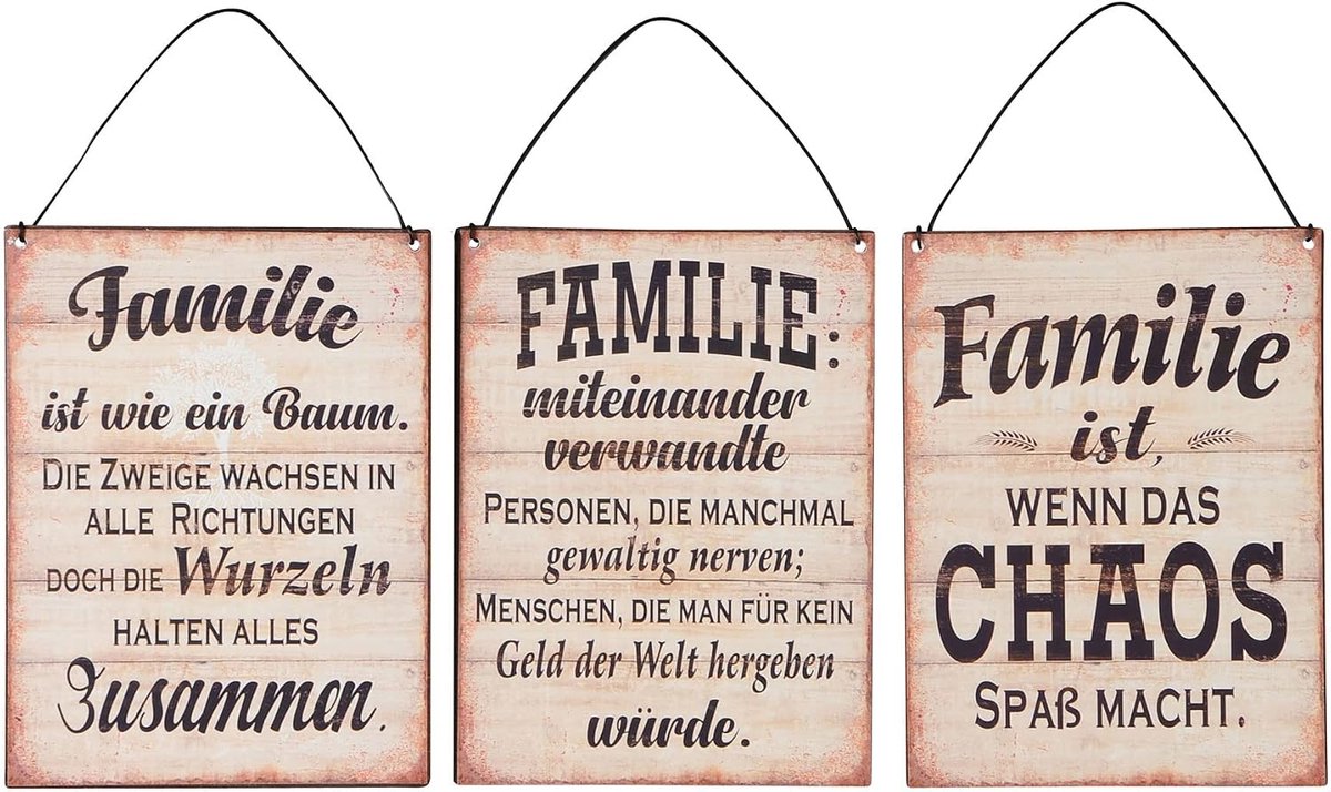 levandeo Set van 3 metalen borden H20 cm familie spreuken bruin zwart