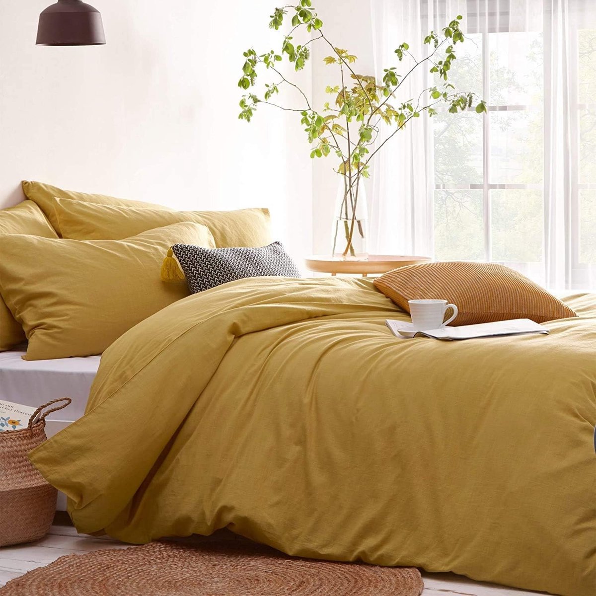 Geel Microfiber Bedlinnen Set 200 x 200 cm voor Tweepersoonsbed, Inclusief Dekbedovertrek met Rits en 2 Kussenslopen 80 x 80 cm, Romantisch en Elegant Design voor Slaapkamerdecoratie