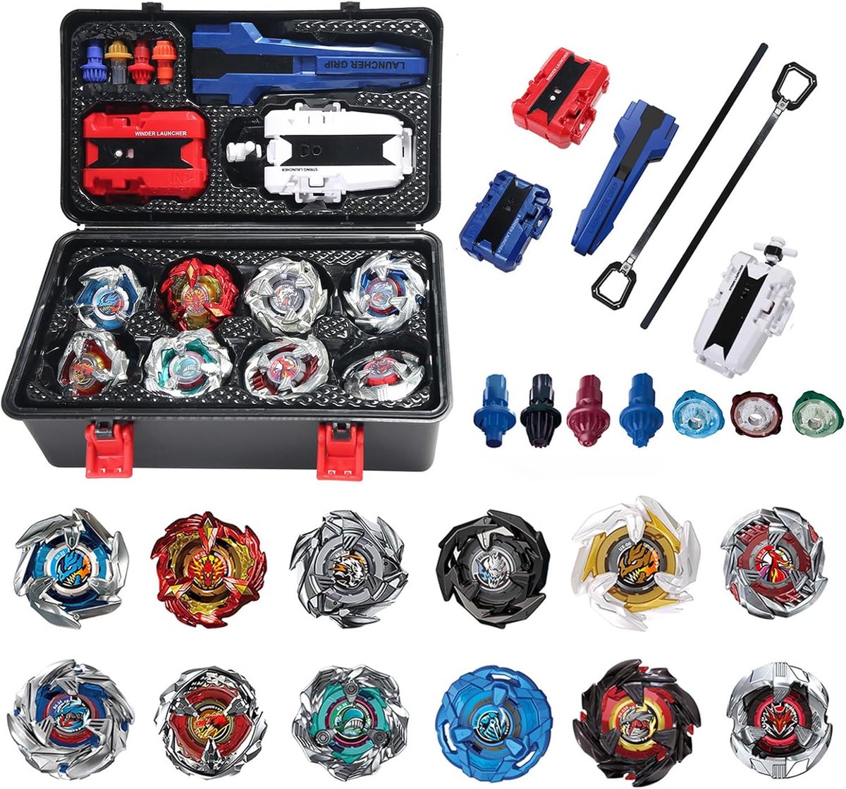 12 Battle Spinning Tops, 3 Launchers, 1 Handvat, 3 Middenringen en 4 Bases, Verjaardagscadeau, 168-1