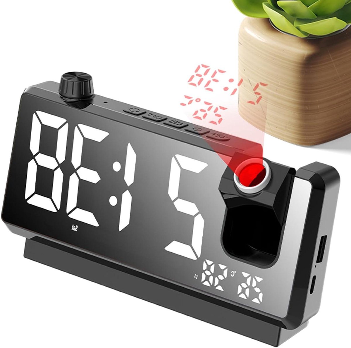 Projectie Wekker - Digitale Klok - Wakker Worden - Dubbele Projectie - 18.6 cm Lengte - Zwart